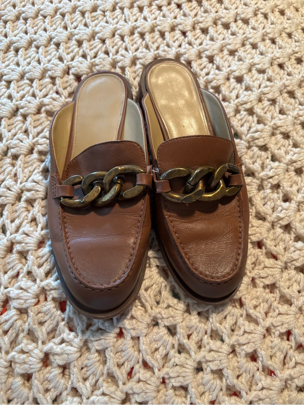 Micheal Kors Brown Leather Chain-Detail Women’s Mules Size 7.5